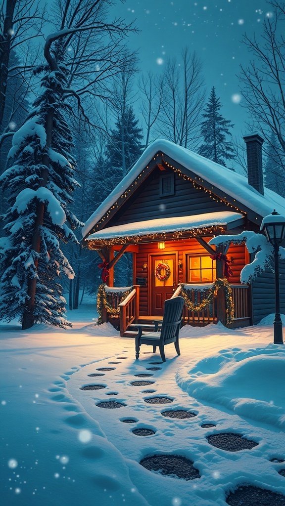 Heartfelt Christmas Quotes for Missing Someone A cozy cabin in a snowy landscape with Christmas lights, symbolizing warmth and the feeling of missing someone during the holidays.